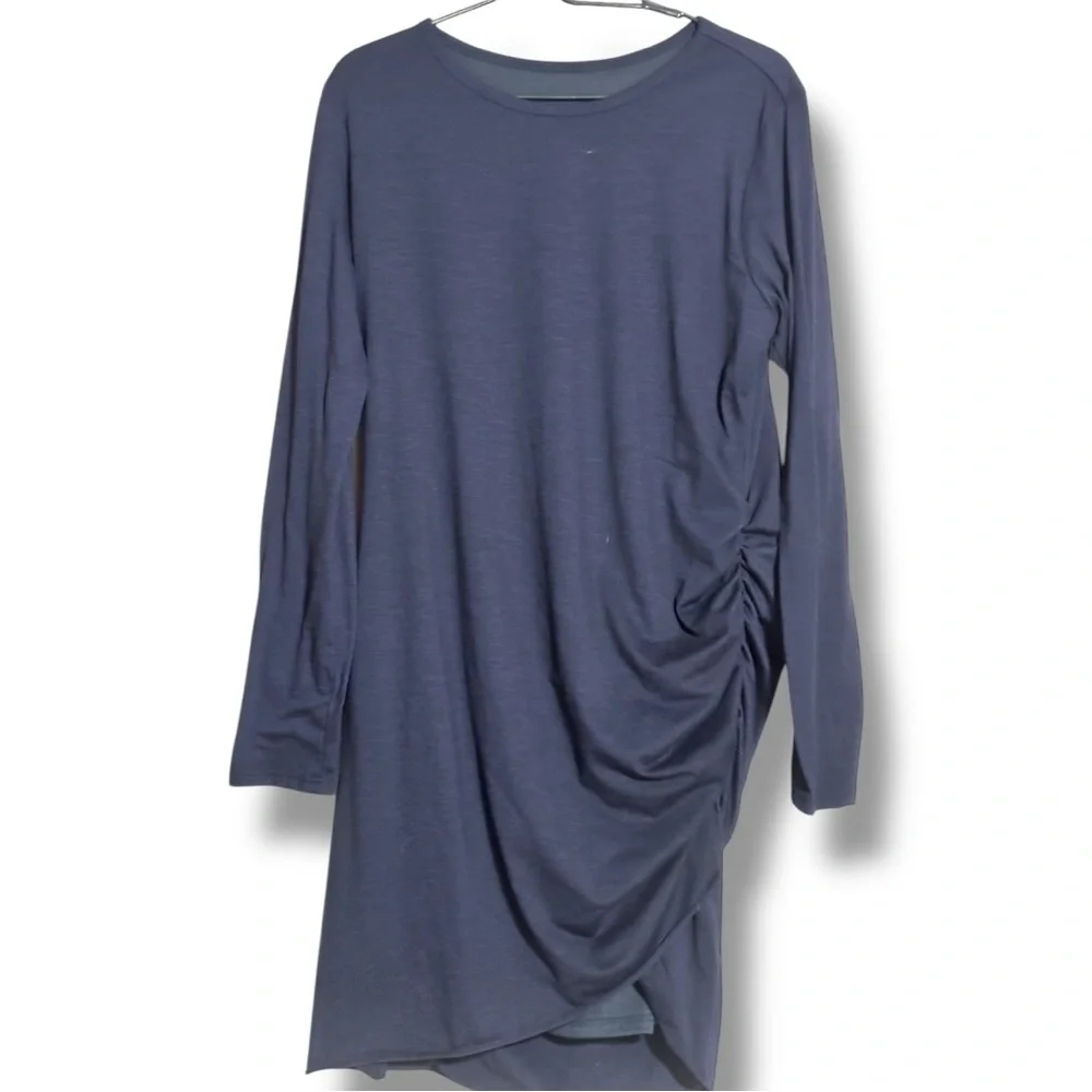 Unbranded Chic Long Sleeve Navy Side Rouching Crewneck Bodycon Midi Dress